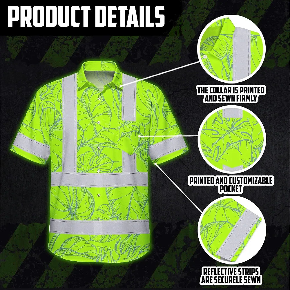 Hi Vis Hawaiian Shirt Reflective Tapes Green Neon Flowers Custom Name Safety Workwear For Workers, Truckers, Operators