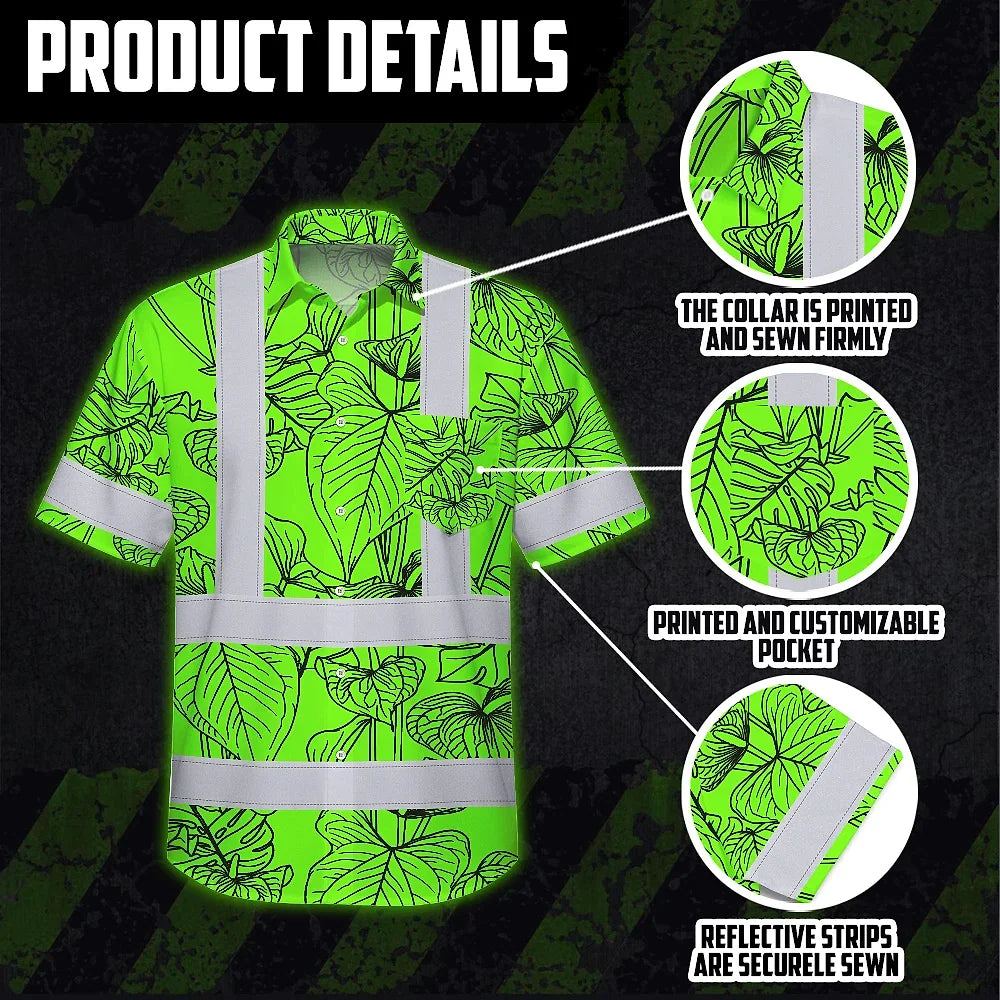 Hi Vis Hawaiian Shirt Reflective Tapes Green Neon Flowers Custom Name Safety Workwear For Workers, Truckers, Operators