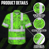 Hi Vis Hawaiian Shirt Reflective Tapes Green Neon Flowers Custom Name Safety Workwear For Workers, Truckers, Operators