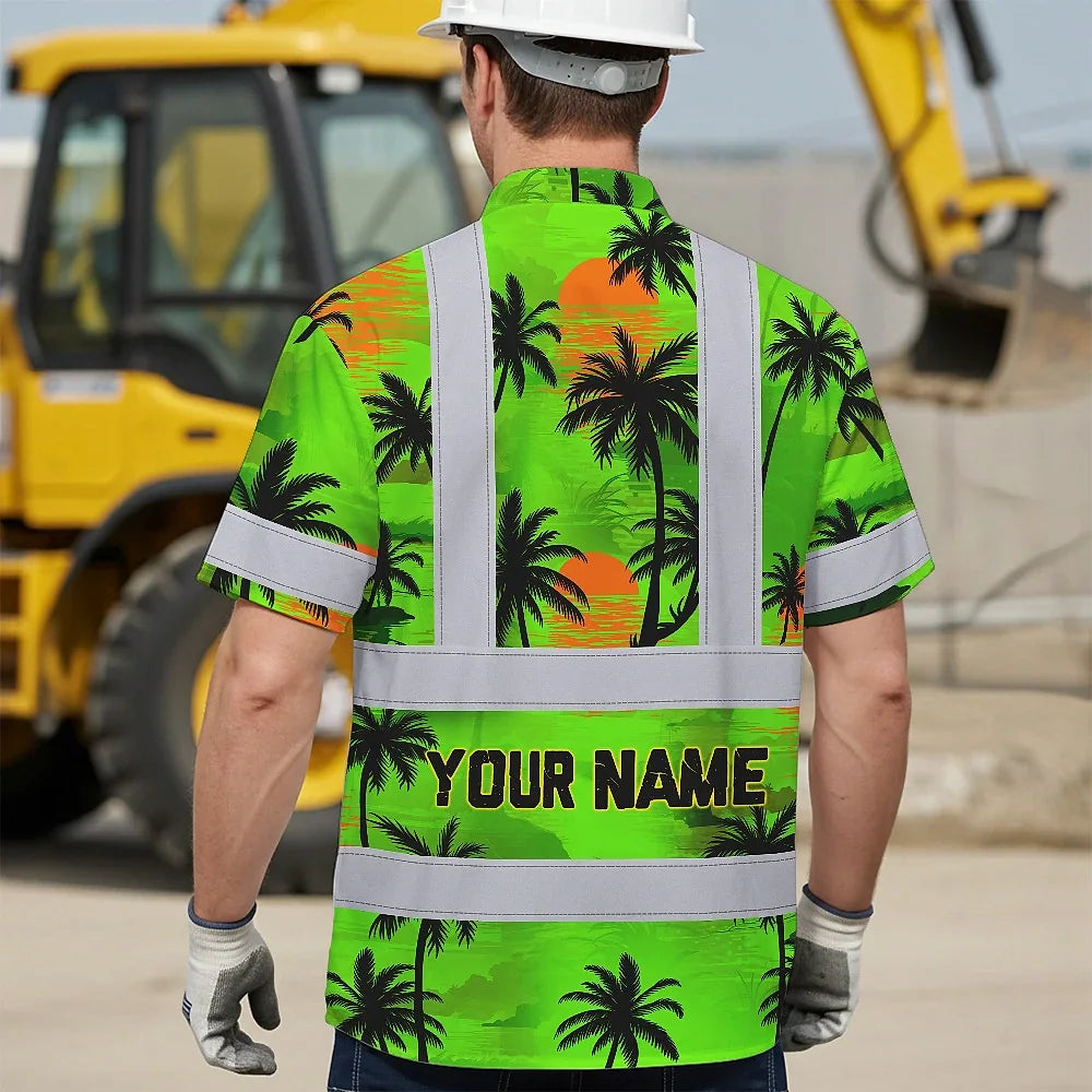 Hi Vis Hawaiian Shirt Reflective Tapes Green Neon Flowers Custom Name Safety Workwear For Truckers, Operators