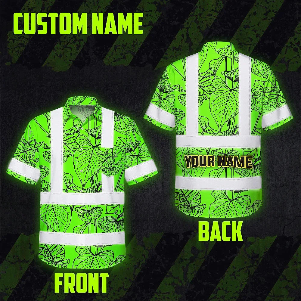 Hi Vis Hawaiian Shirt Reflective Tapes Green Neon Flowers Custom Name Safety Workwear For Workers, Truckers, Operators