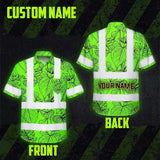 Hi Vis Hawaiian Shirt Reflective Tapes Green Neon Flowers Custom Name Safety Workwear For Workers, Truckers, Operators