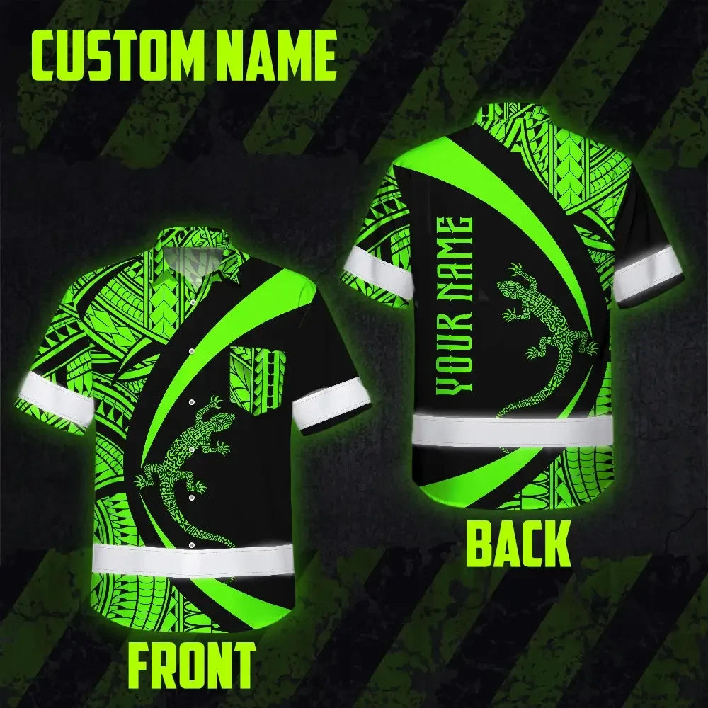 Hi Vis Hawaiian Shirt Reflective Tapes Green Neon Hawaii Custom Name