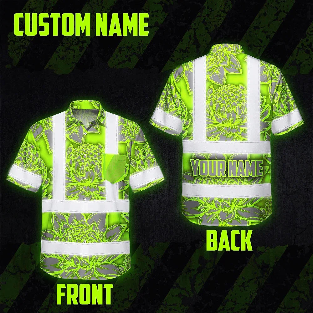 Hi Vis Hawaiian Shirt Reflective Tapes Green Neon Grey Protea Custom Name Safety Workwear For Workers, Truckers, Operators