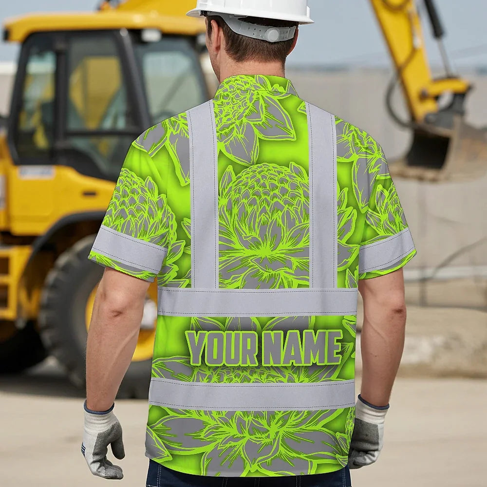 Hi Vis Hawaiian Shirt Reflective Tapes Green Neon Grey Protea Custom Name Safety Workwear For Workers, Truckers, Operators