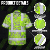 Hi Vis Hawaiian Shirt Reflective Tapes Green Neon Grey Protea Custom Name Safety Workwear For Workers, Truckers, Operators