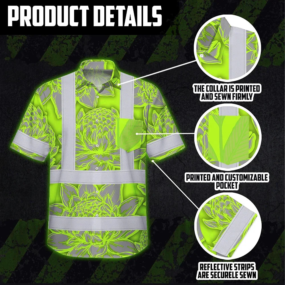 Hi Vis Hawaiian Shirt Reflective Tapes Green Neon Grey Protea Custom Name Safety Workwear For Workers, Truckers, Operators