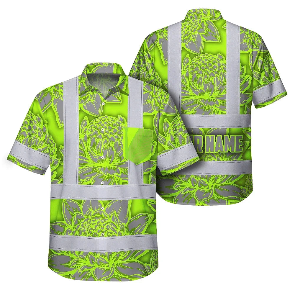 Hi Vis Hawaiian Shirt Reflective Tapes Green Neon Grey Protea Custom Name Safety Workwear For Workers, Truckers, Operators