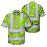 Hi Vis Hawaiian Shirt Reflective Tapes Green Neon Grey Protea Custom Name Safety Workwear For Workers, Truckers, Operators