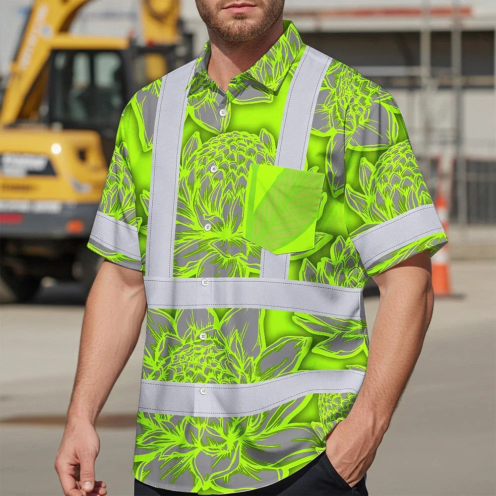 Hi Vis Hawaiian Shirt Reflective Tapes Green Neon Grey Protea Custom Name Safety Workwear For Workers, Truckers, Operators
