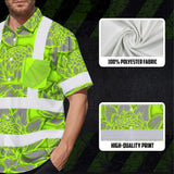 Hi Vis Hawaiian Shirt Reflective Tapes Green Neon Grey Protea Custom Name Safety Workwear For Workers, Truckers, Operators