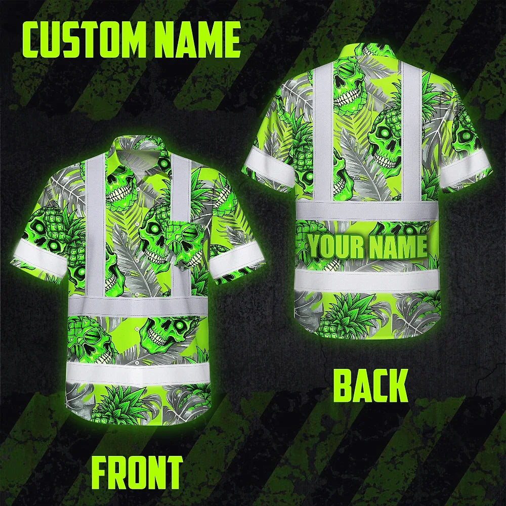 Hi Vis Hawaiian Shirt Reflective Tapes Green Neon Grey Skull Pineapple Custom Name Safety Workwear For Workers, Truckers, Operators