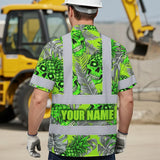 Hi Vis Hawaiian Shirt Reflective Tapes Green Neon Grey Skull Pineapple Custom Name Safety Workwear For Workers, Truckers, Operators