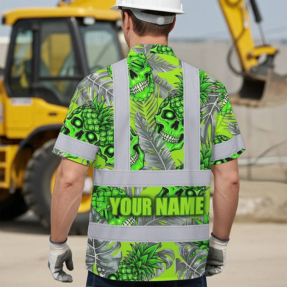 Hi Vis Hawaiian Shirt Reflective Tapes Green Neon Grey Skull Pineapple Custom Name Safety Workwear For Workers, Truckers, Operators