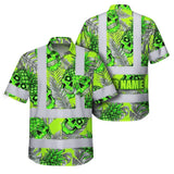 Hi Vis Hawaiian Shirt Reflective Tapes Green Neon Grey Skull Pineapple Custom Name Safety Workwear For Workers, Truckers, Operators