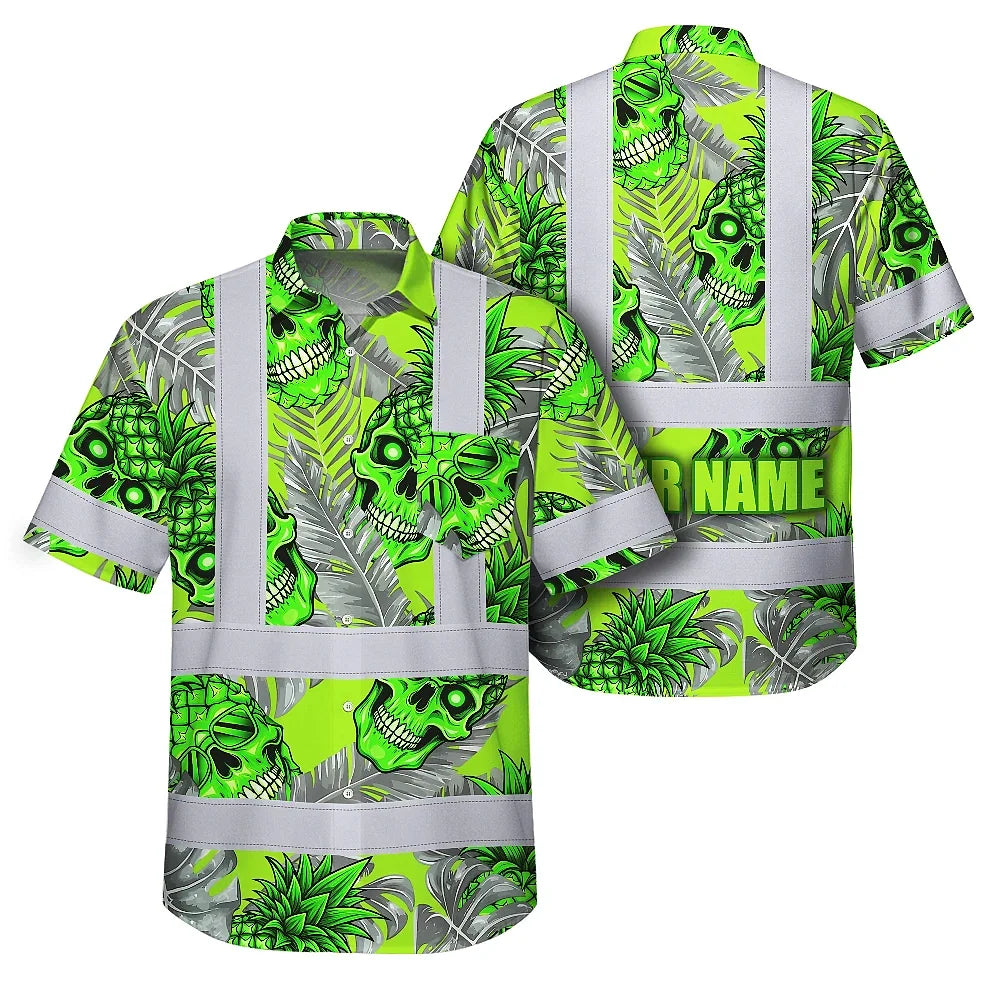 Hi Vis Hawaiian Shirt Reflective Tapes Green Neon Grey Skull Pineapple Custom Name Safety Workwear For Workers, Truckers, Operators