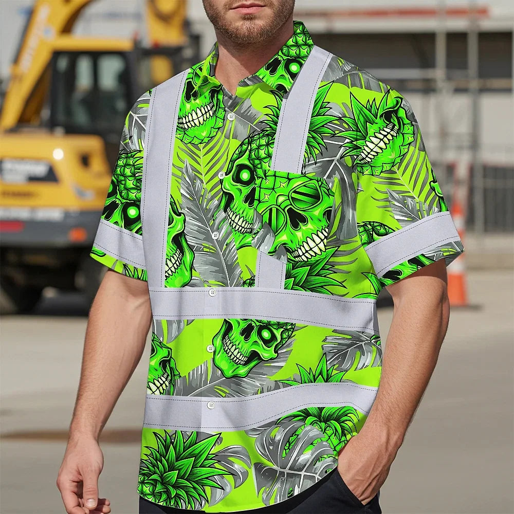 Hi Vis Hawaiian Shirt Reflective Tapes Green Neon Grey Skull Pineapple Custom Name Safety Workwear For Workers, Truckers, Operators