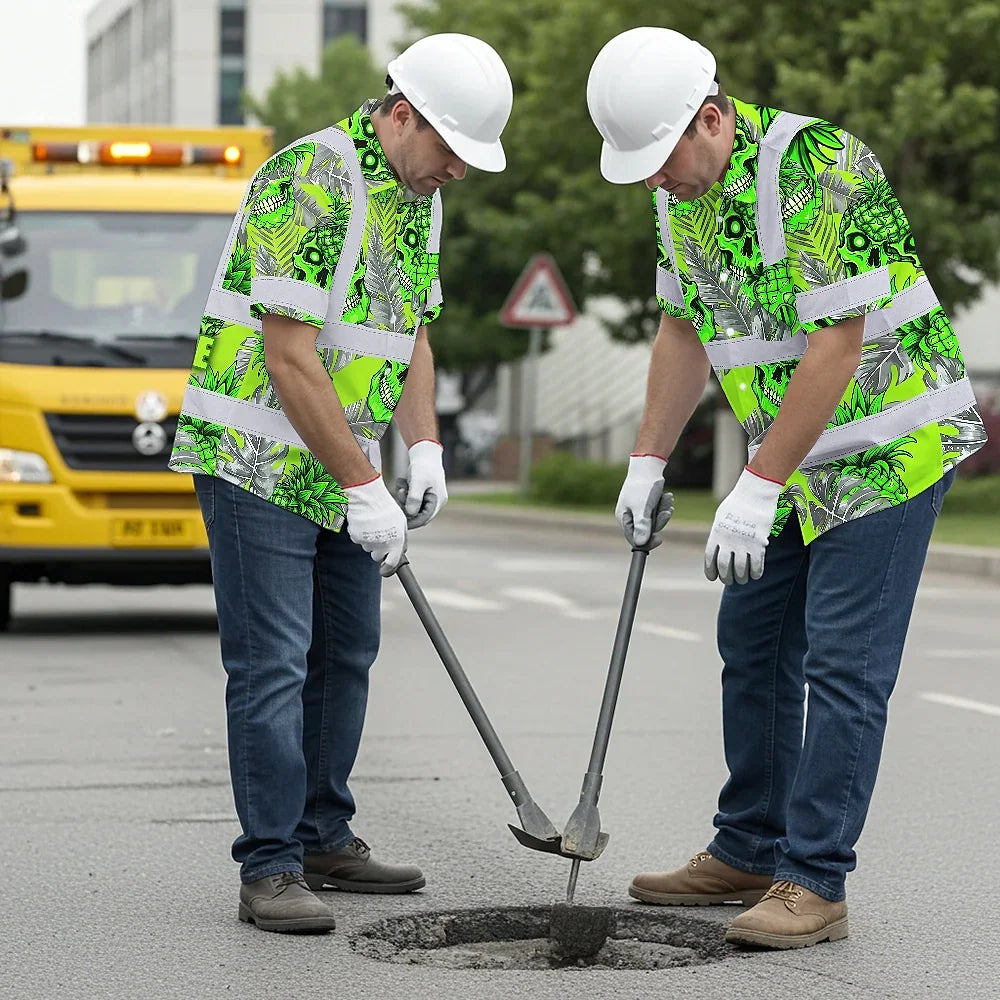Hi Vis Hawaiian Shirt Reflective Tapes Green Neon Grey Skull Pineapple Custom Name Safety Workwear For Workers, Truckers, Operators