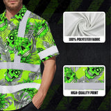Hi Vis Hawaiian Shirt Reflective Tapes Green Neon Grey Skull Pineapple Custom Name Safety Workwear For Workers, Truckers, Operators