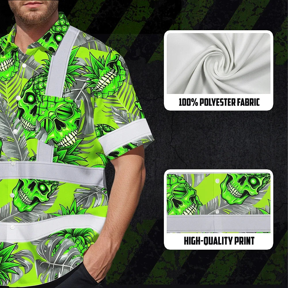 Hi Vis Hawaiian Shirt Reflective Tapes Green Neon Grey Skull Pineapple Custom Name Safety Workwear For Workers, Truckers, Operators