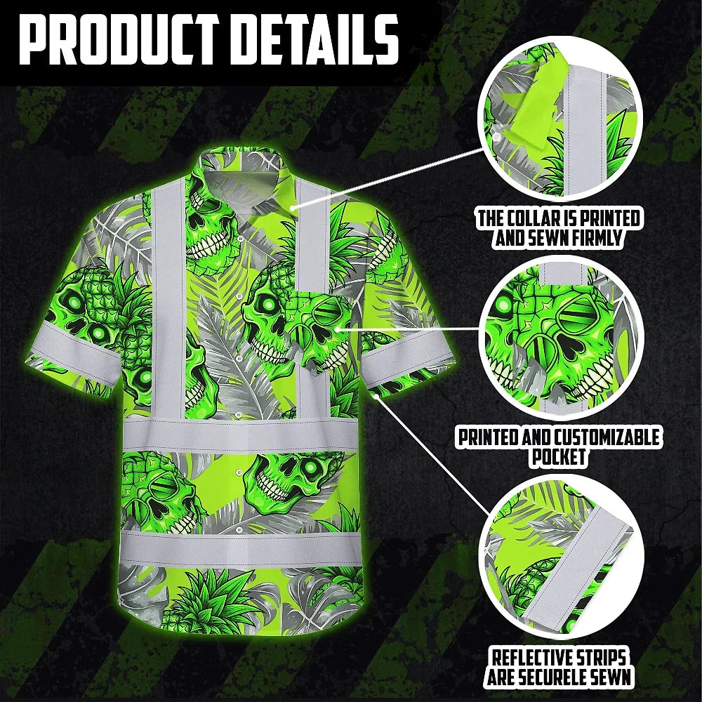 Hi Vis Hawaiian Shirt Reflective Tapes Green Neon Grey Skull Pineapple Custom Name Safety Workwear For Workers, Truckers, Operators