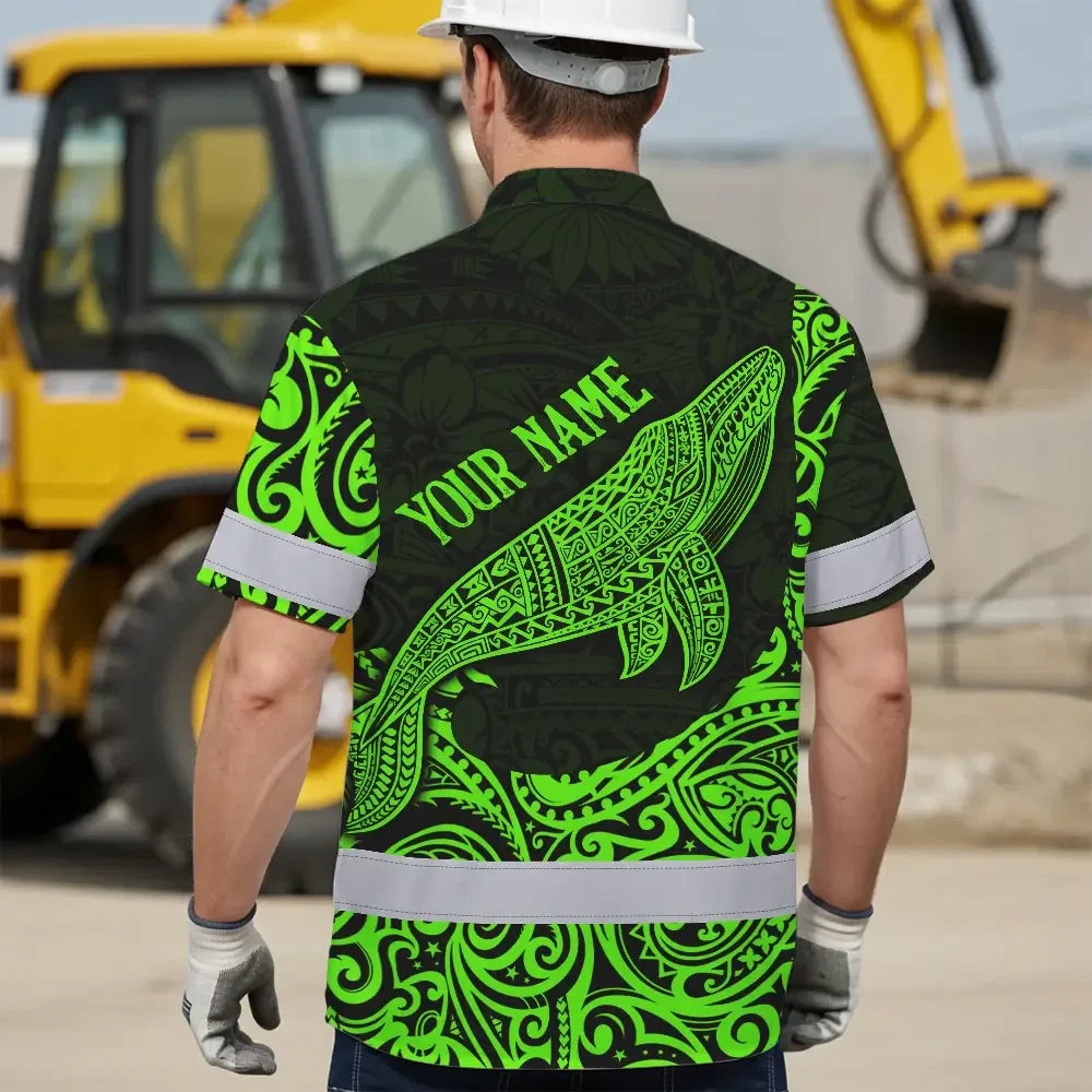 Hi Vis Hawaiian Shirt Reflective Tapes Green Neon Hawaii Whale Custom Name