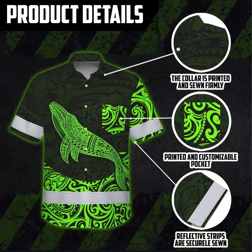 Hi Vis Hawaiian Shirt Reflective Tapes Green Neon Hawaii Whale Custom Name