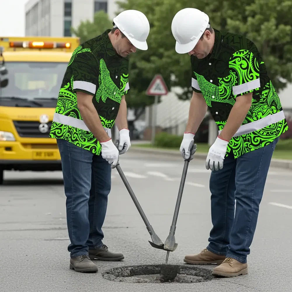Hi Vis Hawaiian Shirt Reflective Tapes Green Neon Hawaii Whale Custom Name