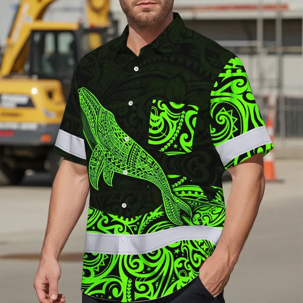 Hi Vis Hawaiian Shirt Reflective Tapes Green Neon Hawaii Whale Custom Name
