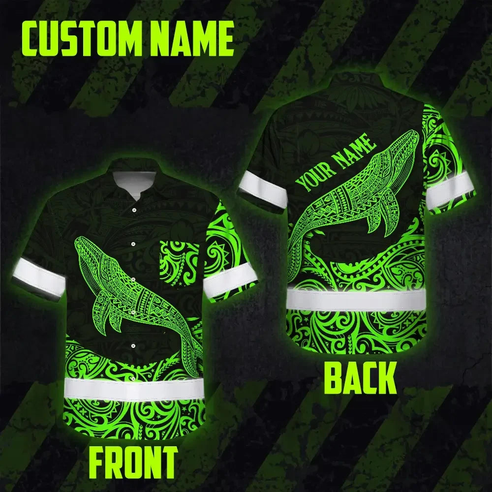 Hi Vis Hawaiian Shirt Reflective Tapes Green Neon Hawaii Whale Custom Name