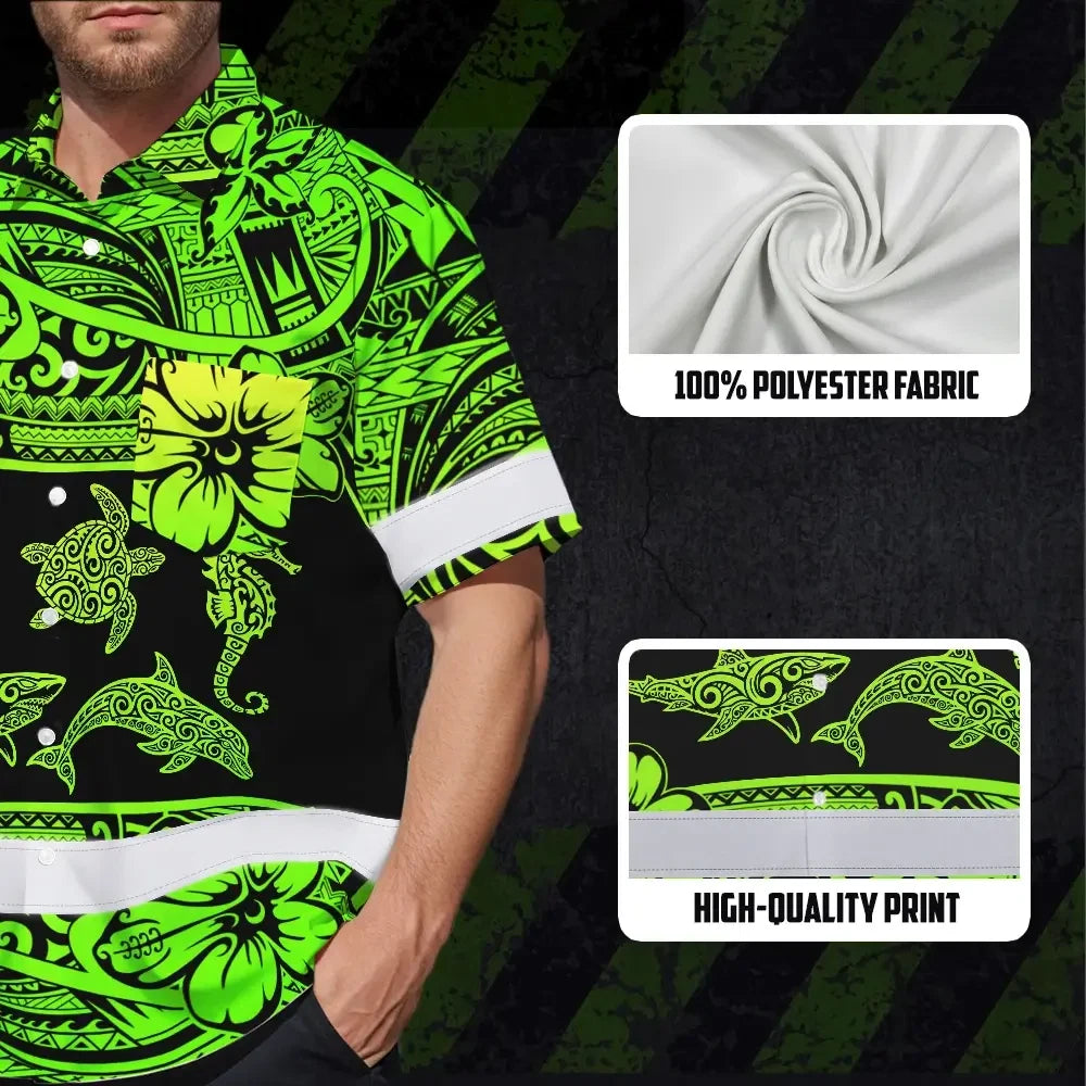 Hi Vis Hawaiian Shirt Reflective Tapes Green Neon Hawaiian Polynesian Tribal