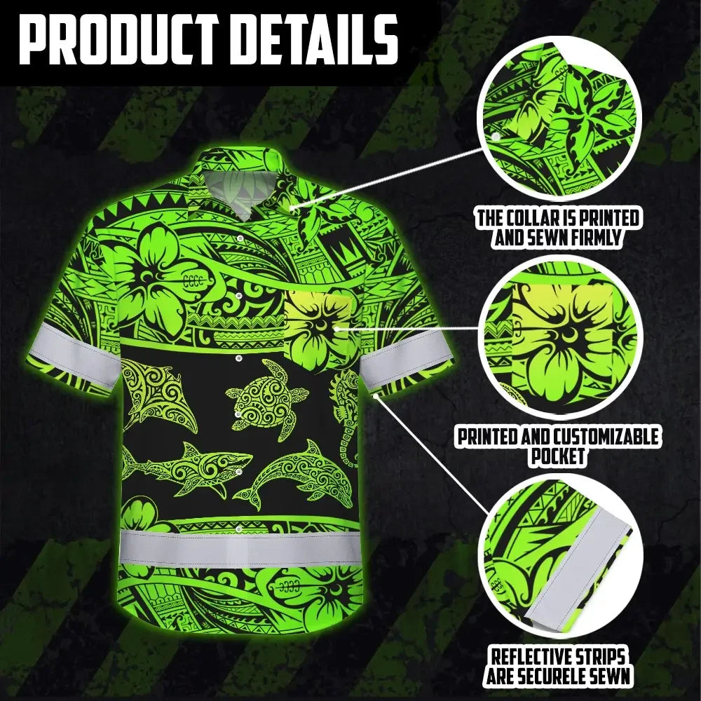 Hi Vis Hawaiian Shirt Reflective Tapes Green Neon Hawaiian Polynesian Tribal