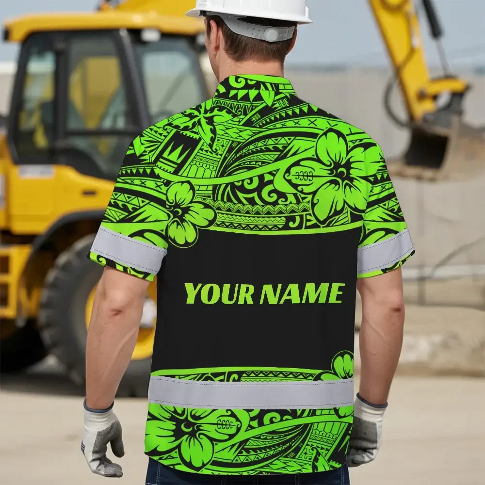 Hi Vis Hawaiian Shirt Reflective Tapes Green Neon Hawaiian Polynesian Tribal