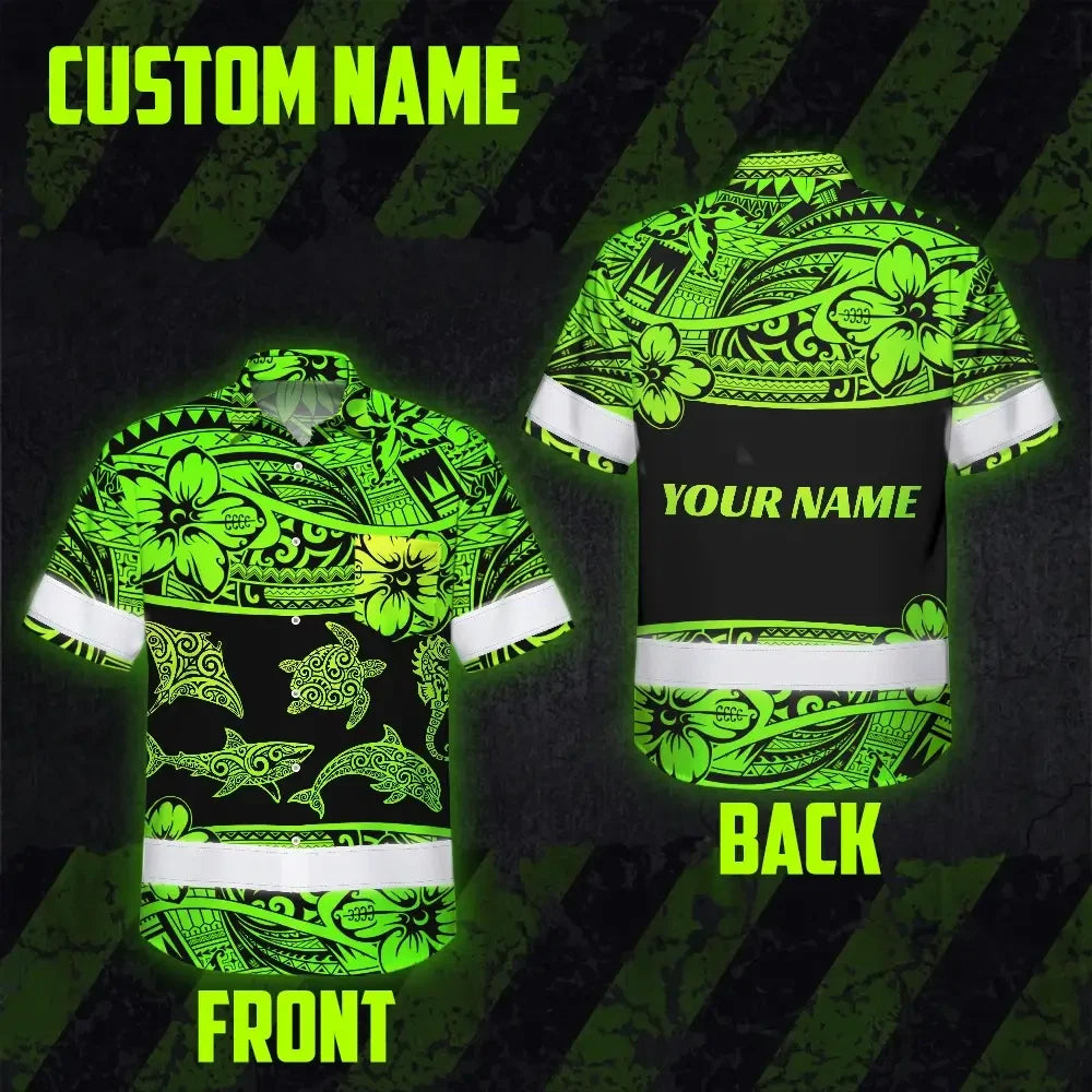 Hi Vis Hawaiian Shirt Reflective Tapes Green Neon Hawaiian Polynesian Tribal