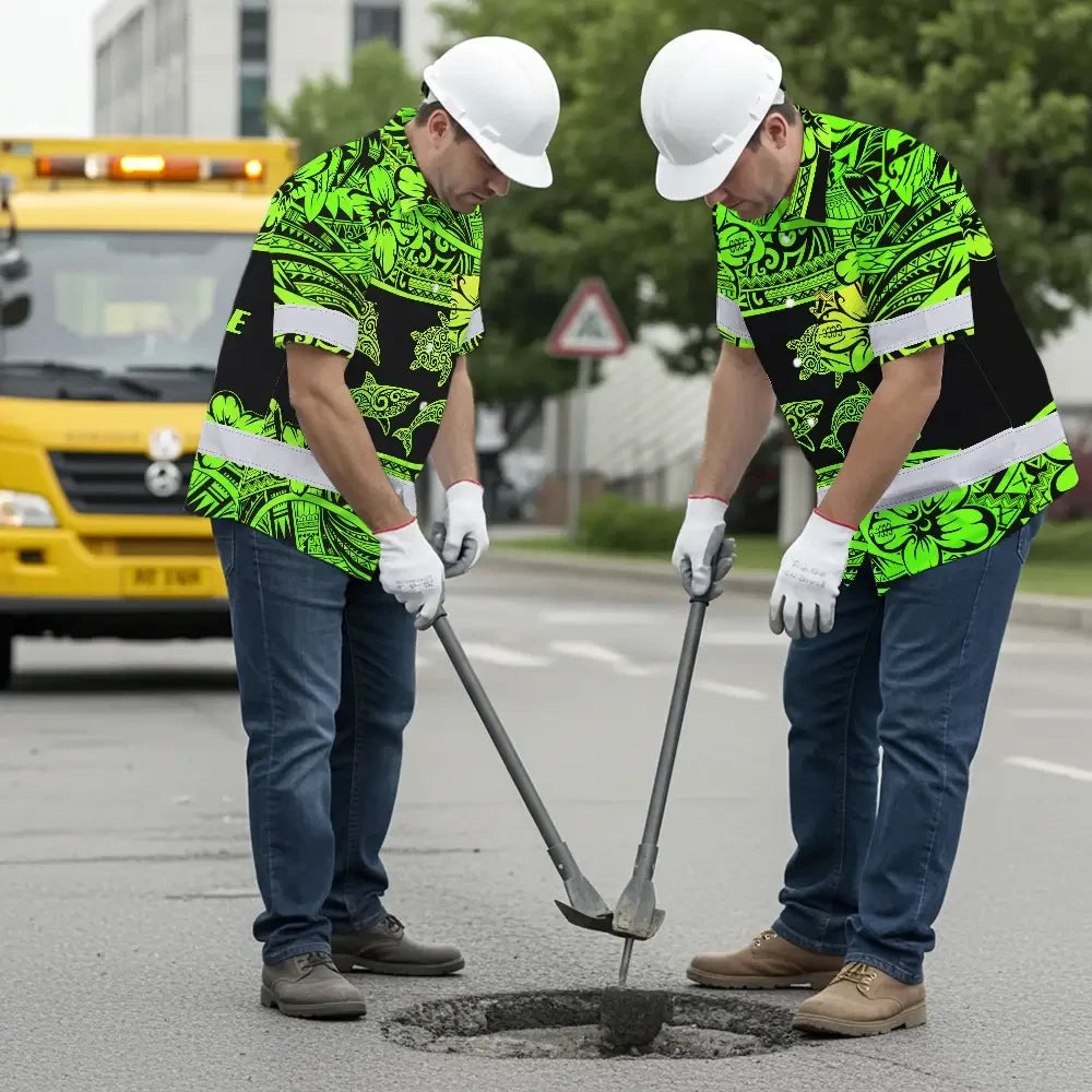 Hi Vis Hawaiian Shirt Reflective Tapes Green Neon Hawaiian Polynesian Tribal