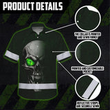Hi Vis Hawaiian Shirt Reflective Tapes Green Neon Light Skull Custom Name Safety Workwear For Workers, Truckers, Operators