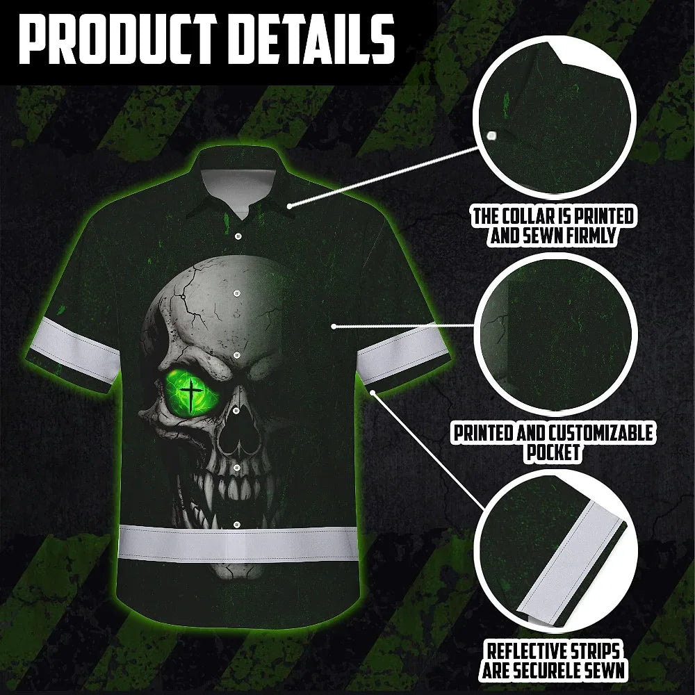 Hi Vis Hawaiian Shirt Reflective Tapes Green Neon Light Skull Custom Name Safety Workwear For Workers, Truckers, Operators