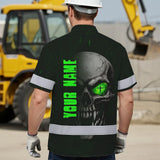 Hi Vis Hawaiian Shirt Reflective Tapes Green Neon Light Skull Custom Name Safety Workwear For Workers, Truckers, Operators