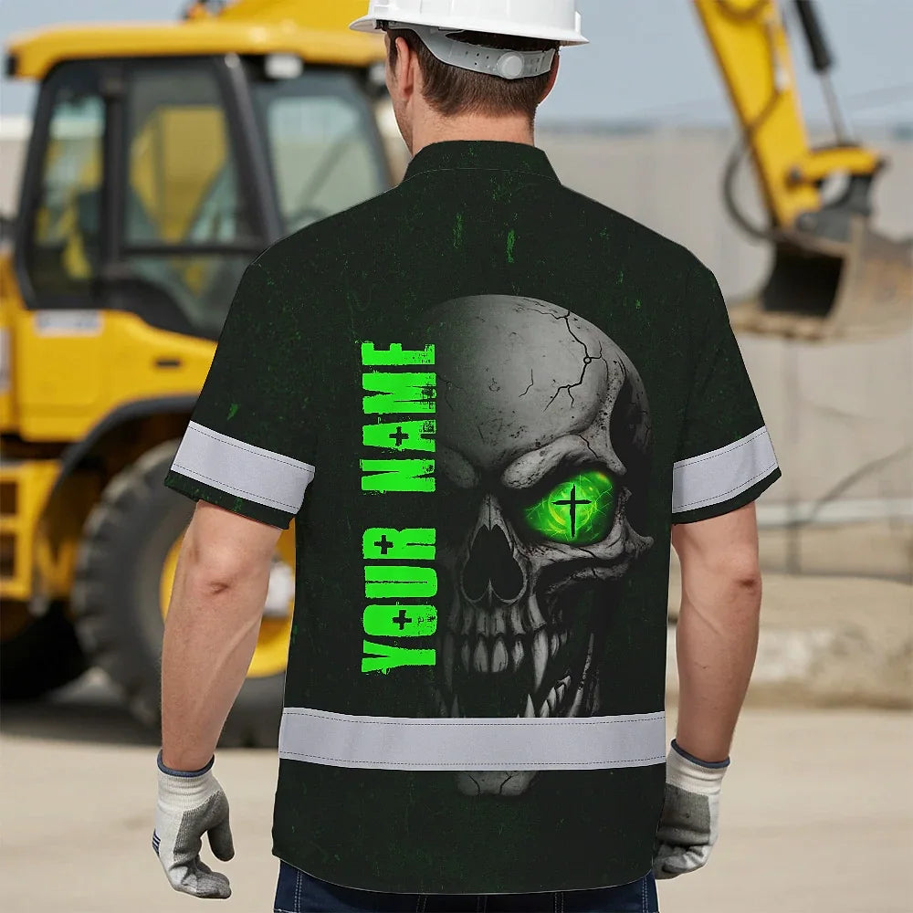 Hi Vis Hawaiian Shirt Reflective Tapes Green Neon Light Skull Custom Name Safety Workwear For Workers, Truckers, Operators