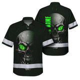 Hi Vis Hawaiian Shirt Reflective Tapes Green Neon Light Skull Custom Name Safety Workwear For Workers, Truckers, Operators