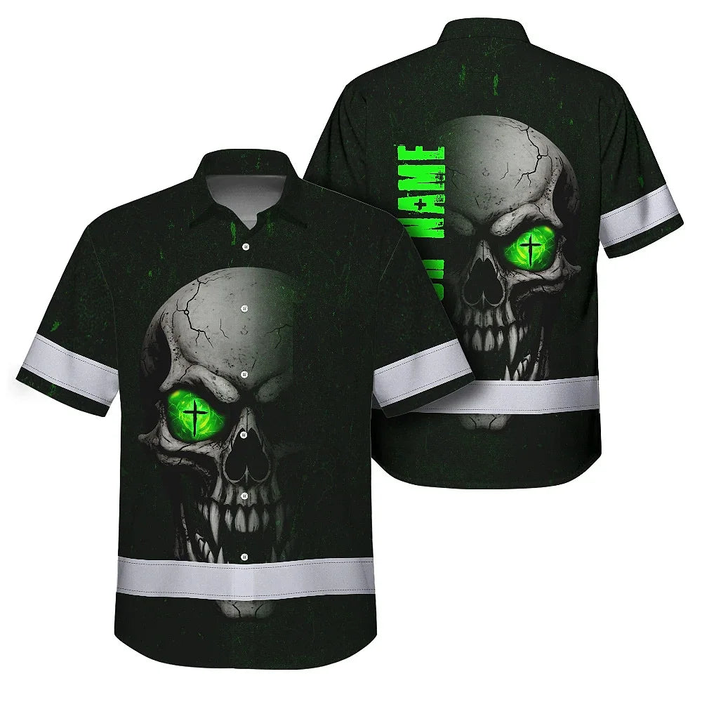 Hi Vis Hawaiian Shirt Reflective Tapes Green Neon Light Skull Custom Name Safety Workwear For Workers, Truckers, Operators