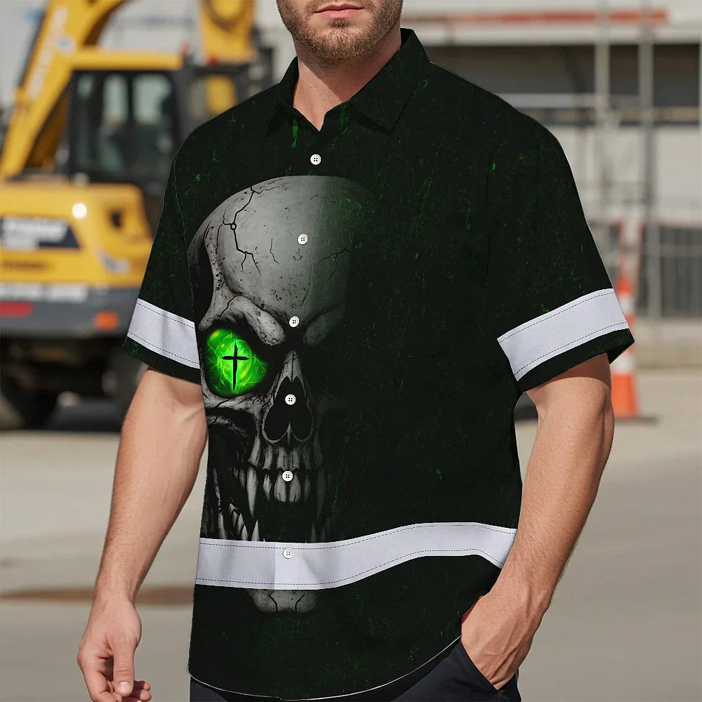 Hi Vis Hawaiian Shirt Reflective Tapes Green Neon Light Skull Custom Name Safety Workwear For Workers, Truckers, Operators