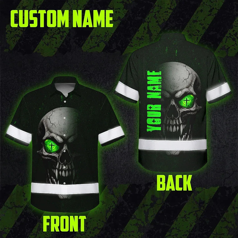 Hi Vis Hawaiian Shirt Reflective Tapes Green Neon Light Skull Custom Name Safety Workwear For Workers, Truckers, Operators