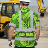 Hi Vis Hawaiian Shirt Reflective Tapes Green Neon Lime Bird of Paradise Custom Name Safety Workwear For Workers, Truckers, Operators