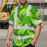 Hi Vis Hawaiian Shirt Reflective Tapes Green Neon Lime Bird of Paradise Custom Name Safety Workwear For Workers, Truckers, Operators