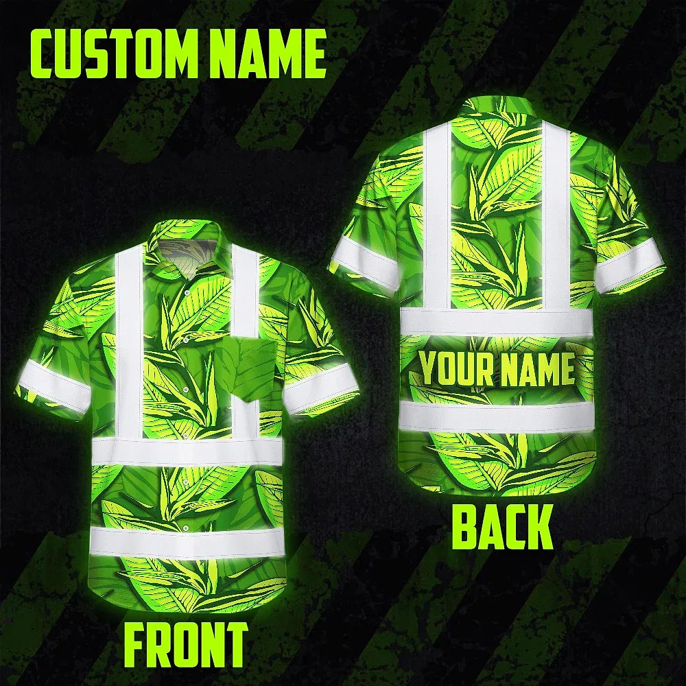 Hi Vis Hawaiian Shirt Reflective Tapes Green Neon Lime Bird of Paradise Custom Name Safety Workwear For Workers, Truckers, Operators