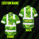 Hi Vis Hawaiian Shirt Reflective Tapes Green Neon Lime Bird of Paradise Custom Name Safety Workwear For Workers, Truckers, Operators