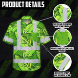 Hi Vis Hawaiian Shirt Reflective Tapes Green Neon Lime Bird of Paradise Custom Name Safety Workwear For Workers, Truckers, Operators