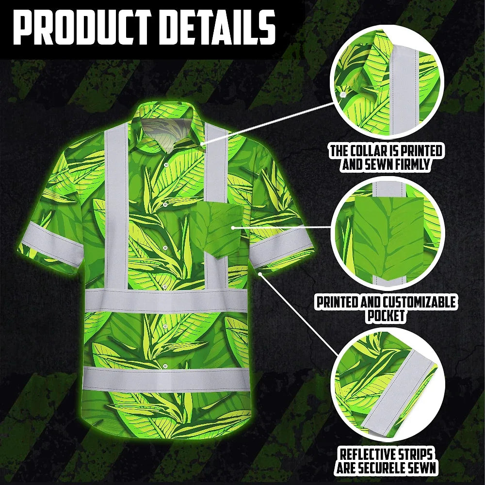 Hi Vis Hawaiian Shirt Reflective Tapes Green Neon Lime Bird of Paradise Custom Name Safety Workwear For Workers, Truckers, Operators