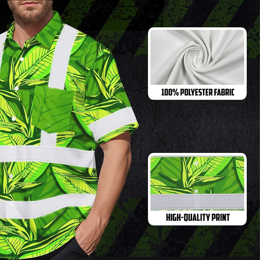Hi Vis Hawaiian Shirt Reflective Tapes Green Neon Lime Bird of Paradise Custom Name Safety Workwear For Workers, Truckers, Operators